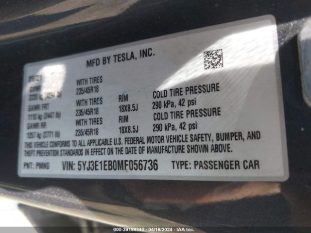 Photo 8 VIN: 5YJ3E1EB0MF056736 - TESLA MODEL 3 