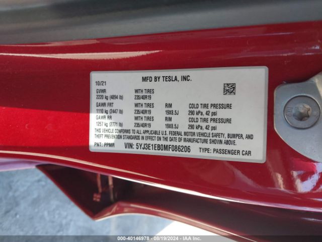 Photo 8 VIN: 5YJ3E1EB0MF086206 - TESLA MODEL 3 