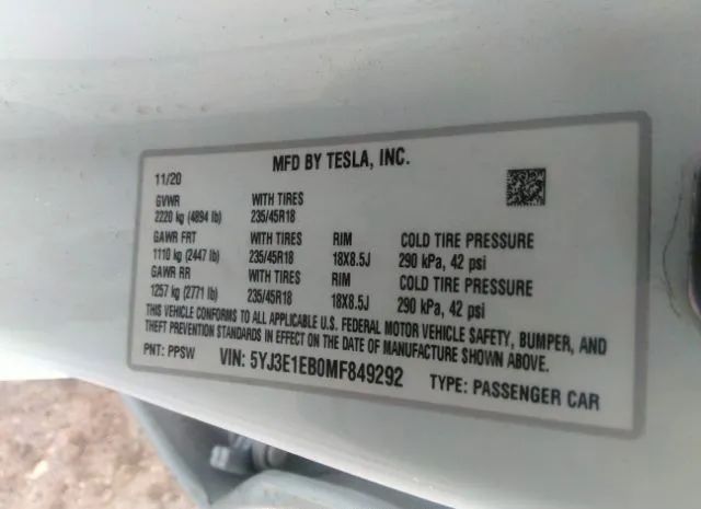 Photo 8 VIN: 5YJ3E1EB0MF849292 - TESLA MODEL 3 