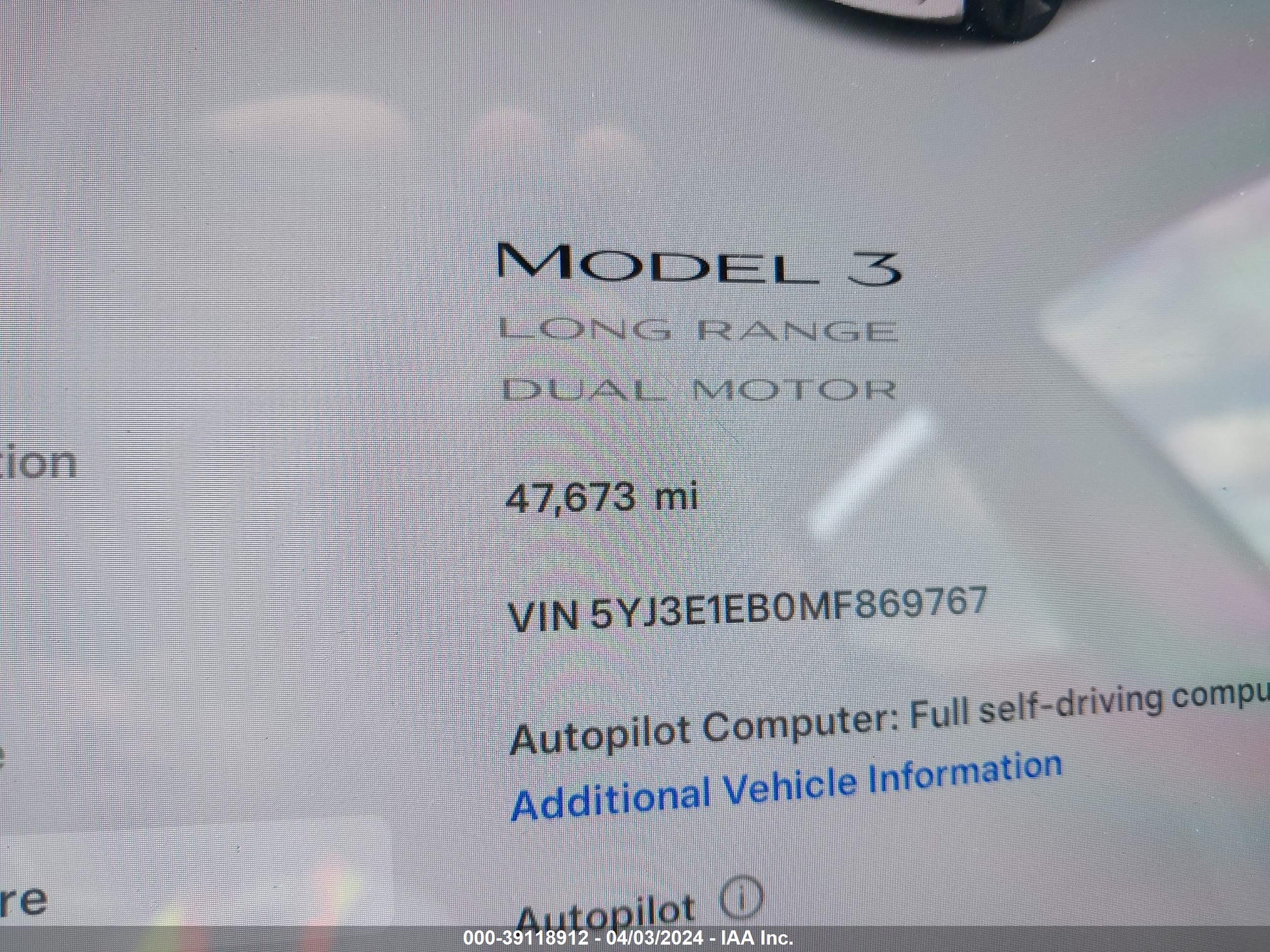 Photo 14 VIN: 5YJ3E1EB0MF869767 - TESLA MODEL 3 