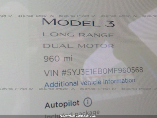 Photo 6 VIN: 5YJ3E1EB0MF960568 - TESLA MODEL 3 