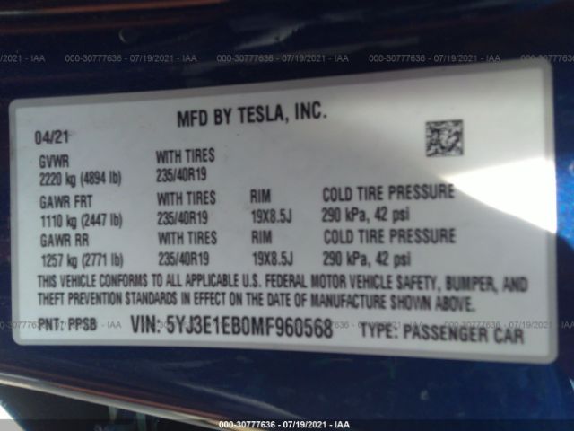 Photo 8 VIN: 5YJ3E1EB0MF960568 - TESLA MODEL 3 