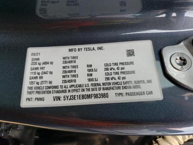 Photo 11 VIN: 5YJ3E1EB0MF983980 - TESLA MODEL 3 