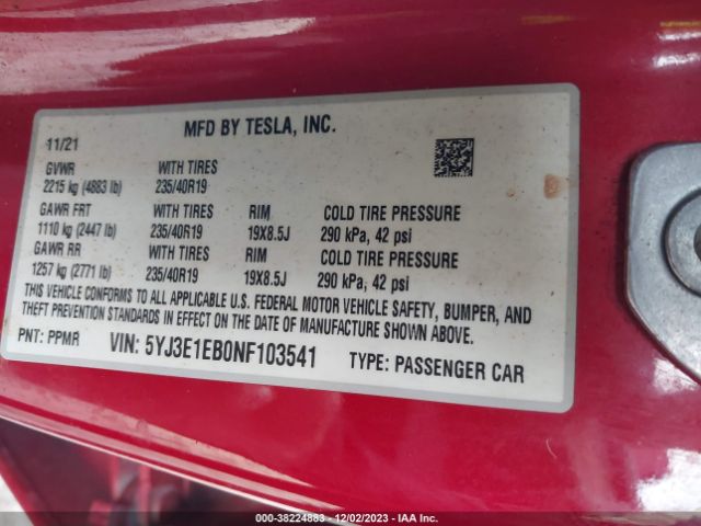 Photo 8 VIN: 5YJ3E1EB0NF103541 - TESLA MODEL 3 