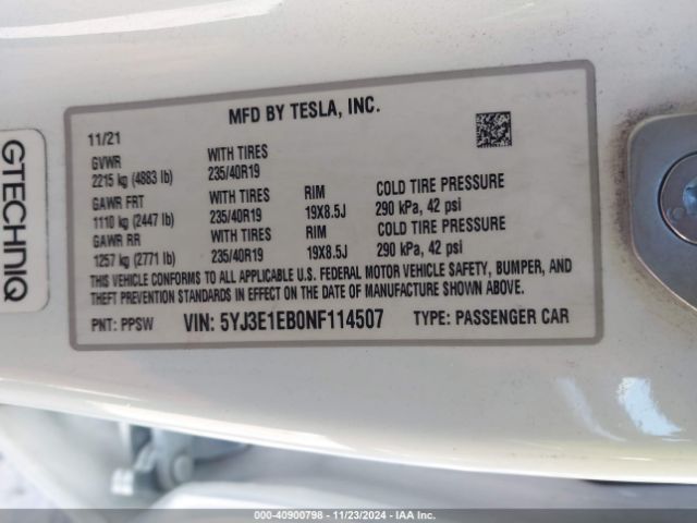 Photo 8 VIN: 5YJ3E1EB0NF114507 - TESLA MODEL 3 