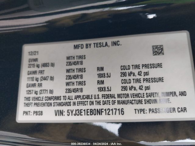 Photo 8 VIN: 5YJ3E1EB0NF121716 - TESLA MODEL 3 