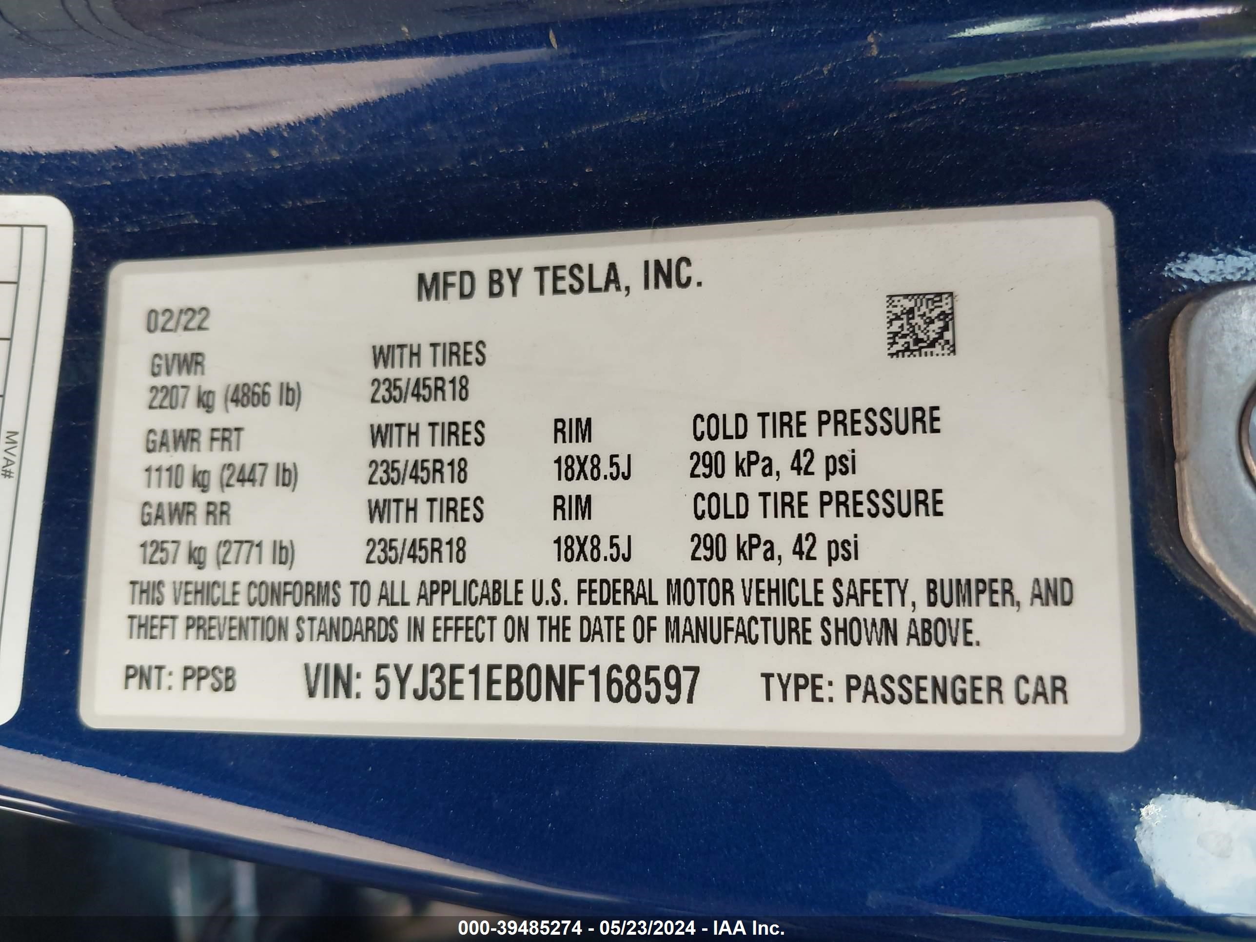 Photo 8 VIN: 5YJ3E1EB0NF168597 - TESLA MODEL 3 