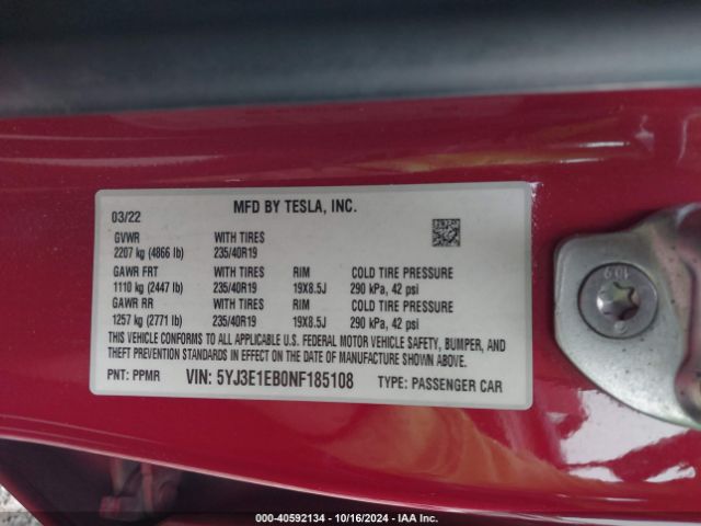 Photo 8 VIN: 5YJ3E1EB0NF185108 - TESLA MODEL 3 