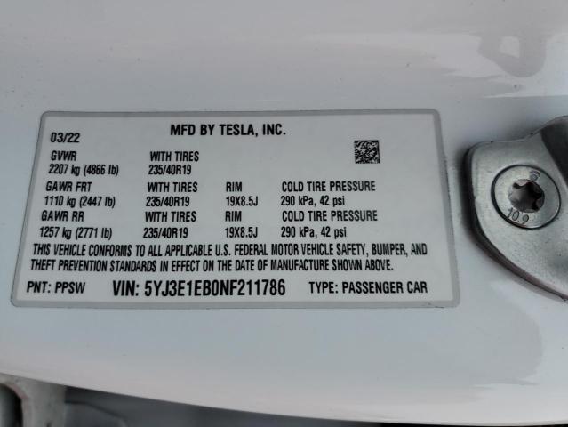 Photo 12 VIN: 5YJ3E1EB0NF211786 - TESLA MODEL 3 