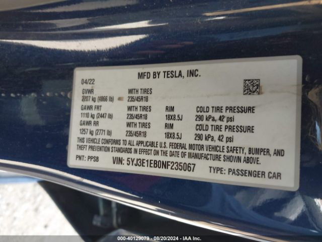 Photo 8 VIN: 5YJ3E1EB0NF235067 - TESLA MODEL 3 