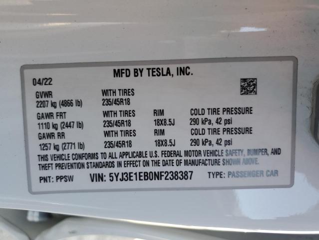 Photo 11 VIN: 5YJ3E1EB0NF238387 - TESLA MODEL 3 