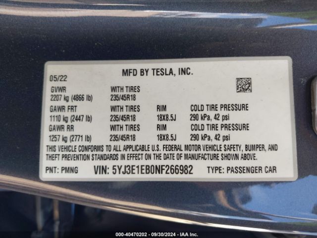 Photo 8 VIN: 5YJ3E1EB0NF266982 - TESLA MODEL 3 