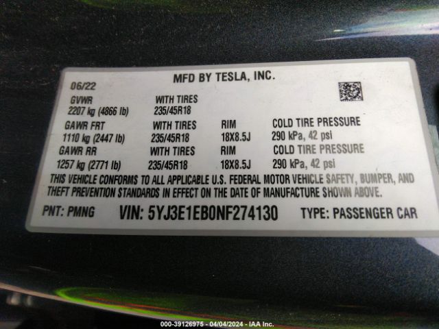 Photo 8 VIN: 5YJ3E1EB0NF274130 - TESLA MODEL 3 