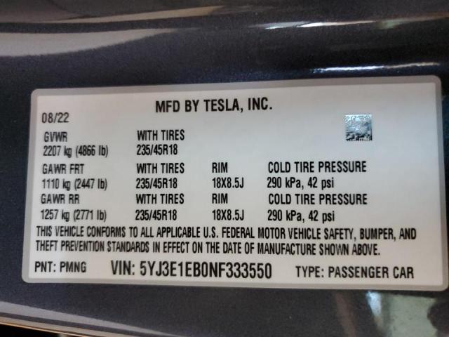 Photo 9 VIN: 5YJ3E1EB0NF333550 - TESLA MODEL 3 