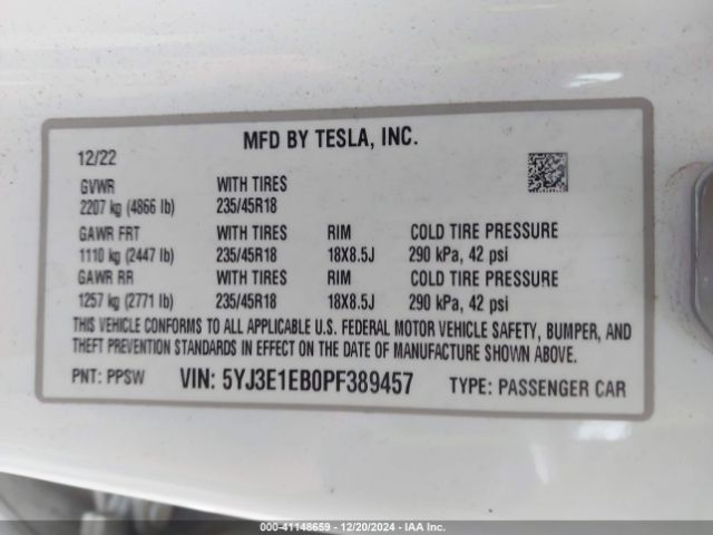 Photo 8 VIN: 5YJ3E1EB0PF389457 - TESLA MODEL 3 