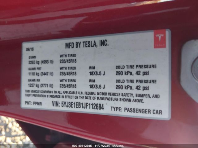 Photo 8 VIN: 5YJ3E1EB1JF112694 - TESLA MODEL 3 