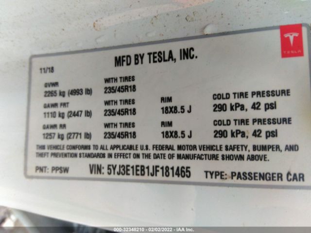 Photo 8 VIN: 5YJ3E1EB1JF181465 - TESLA MODEL 3 