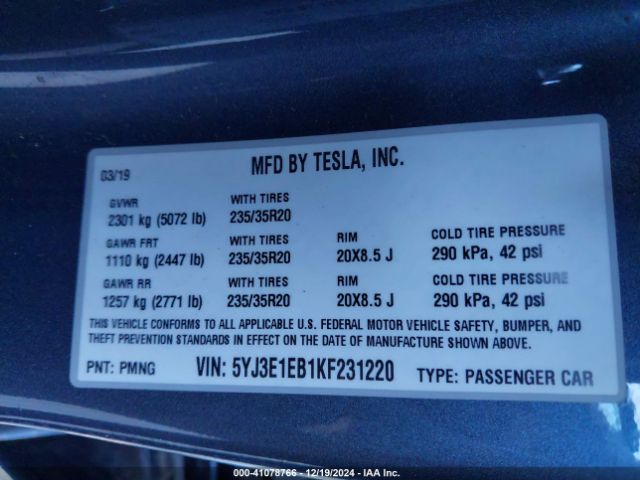 Photo 8 VIN: 5YJ3E1EB1KF231220 - TESLA MODEL 3 