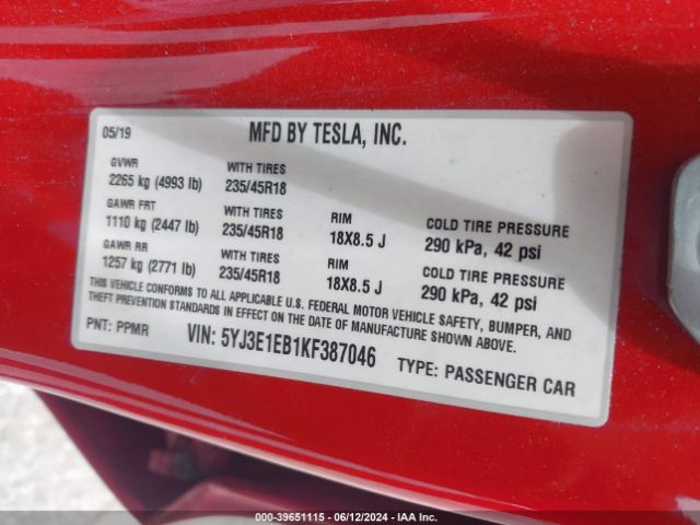 Photo 8 VIN: 5YJ3E1EB1KF387046 - TESLA MODEL 3 