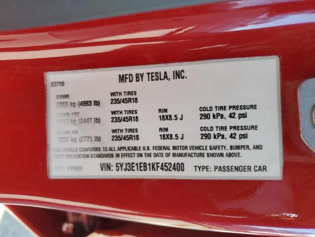 Photo 11 VIN: 5YJ3E1EB1KF452400 - TESLA MODEL 3 