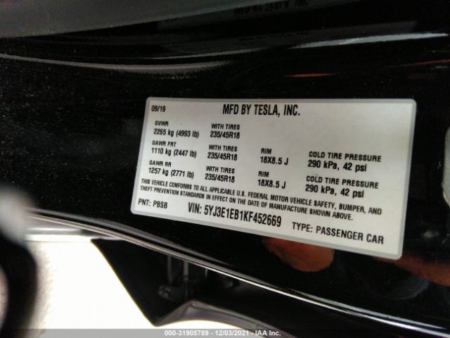 Photo 8 VIN: 5YJ3E1EB1KF452669 - TESLA MODEL 3 