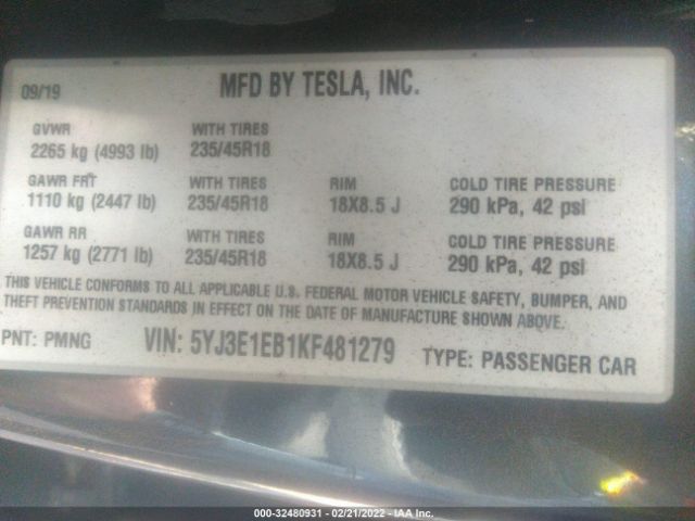 Photo 8 VIN: 5YJ3E1EB1KF481279 - TESLA MODEL 3 