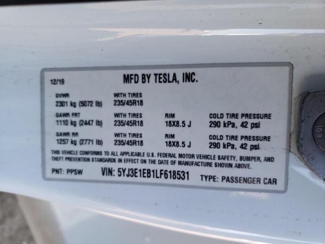 Photo 12 VIN: 5YJ3E1EB1LF618531 - TESLA MODEL 3 