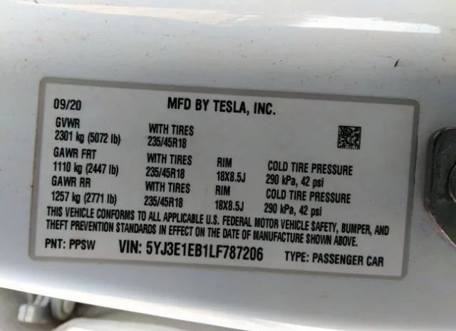 Photo 8 VIN: 5YJ3E1EB1LF787206 - TESLA MODEL 3 