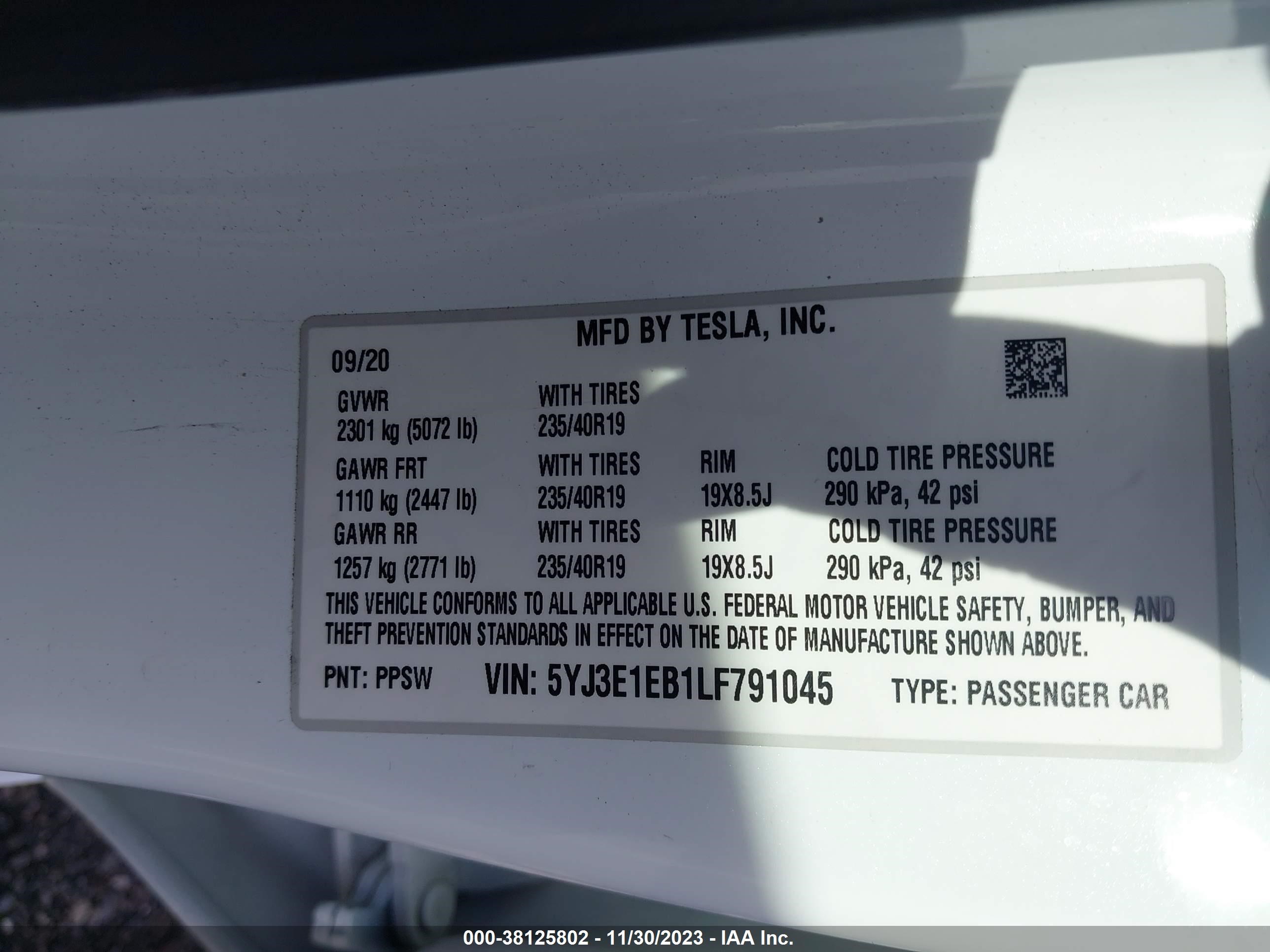 Photo 7 VIN: 5YJ3E1EB1LF791045 - TESLA MODEL 3 