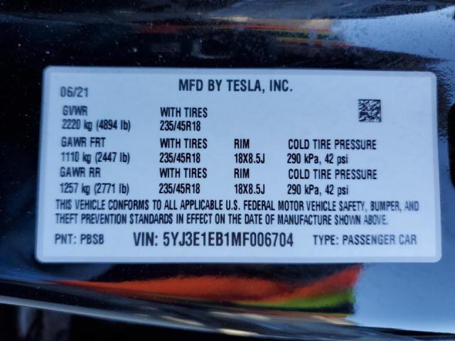 Photo 11 VIN: 5YJ3E1EB1MF006704 - TESLA MODEL 3 