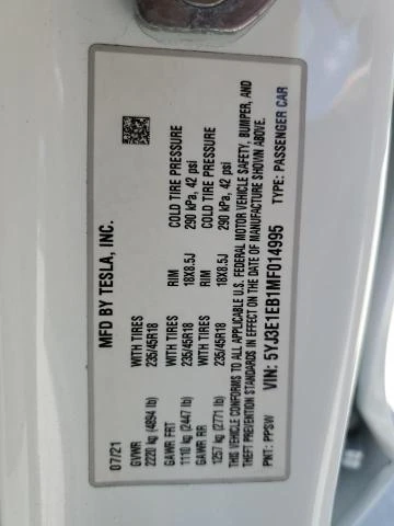 Photo 11 VIN: 5YJ3E1EB1MF014995 - TESLA MODEL 3 