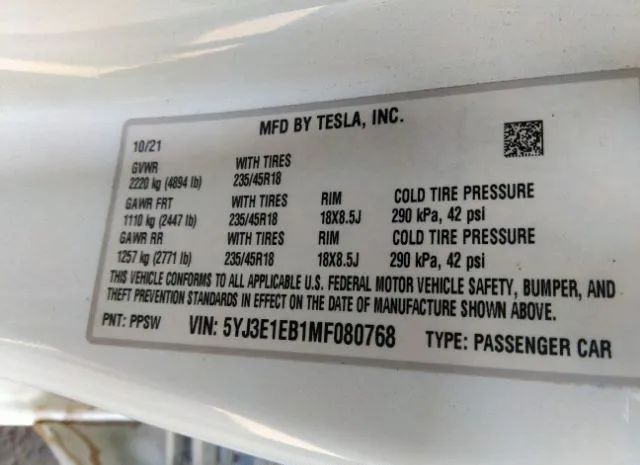 Photo 8 VIN: 5YJ3E1EB1MF080768 - TESLA MODEL 3 