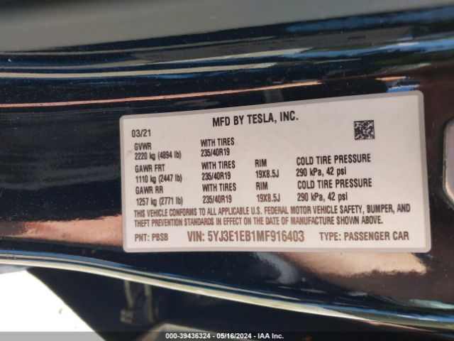 Photo 8 VIN: 5YJ3E1EB1MF916403 - TESLA MODEL 3 