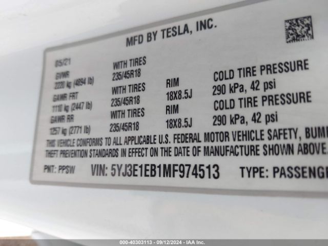 Photo 8 VIN: 5YJ3E1EB1MF974513 - TESLA MODEL 3 