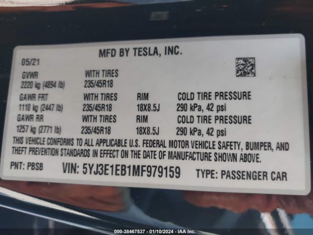 Photo 8 VIN: 5YJ3E1EB1MF979159 - TESLA MODEL 3 