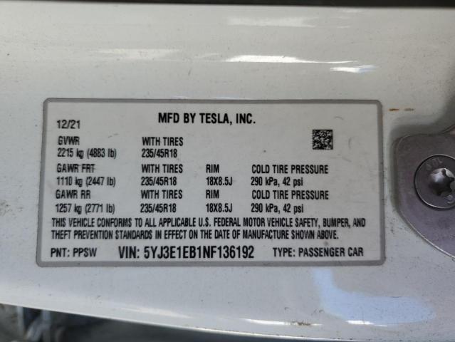 Photo 12 VIN: 5YJ3E1EB1NF136192 - TESLA MODEL 3 