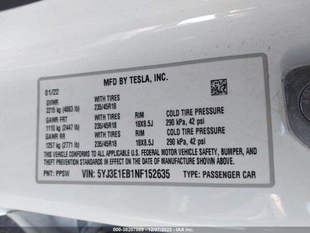 Photo 8 VIN: 5YJ3E1EB1NF152635 - TESLA MODEL 3 