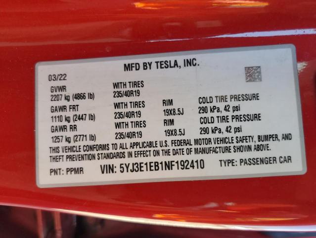 Photo 12 VIN: 5YJ3E1EB1NF192410 - TESLA MODEL 3 