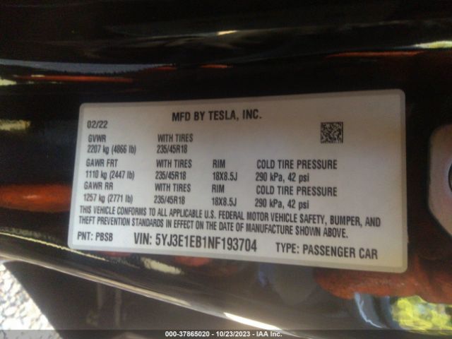 Photo 8 VIN: 5YJ3E1EB1NF193704 - TESLA MODEL 3 