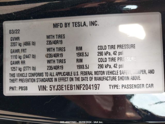 Photo 8 VIN: 5YJ3E1EB1NF204197 - TESLA MODEL 3 