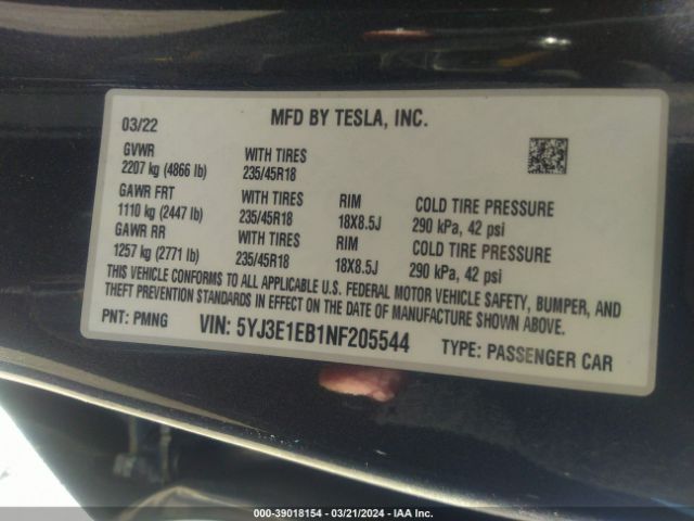 Photo 8 VIN: 5YJ3E1EB1NF205544 - TESLA MODEL 3 