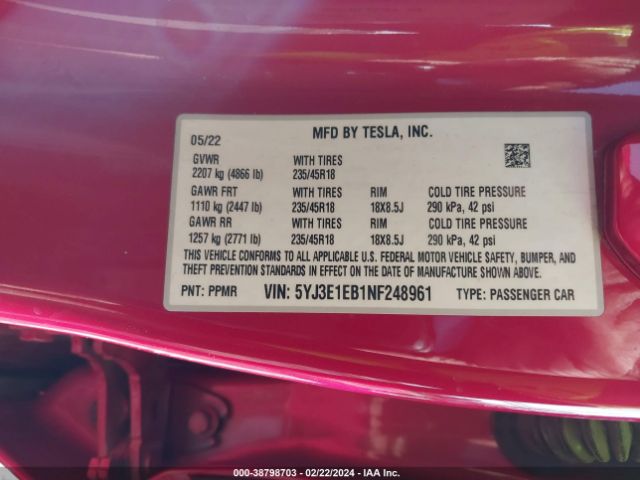 Photo 8 VIN: 5YJ3E1EB1NF248961 - TESLA MODEL 3 