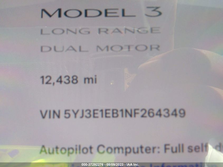 Photo 12 VIN: 5YJ3E1EB1NF264349 - TESLA MODEL 3 