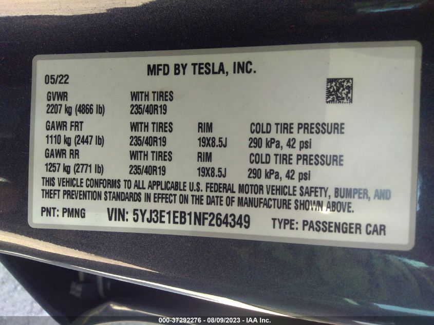 Photo 8 VIN: 5YJ3E1EB1NF264349 - TESLA MODEL 3 