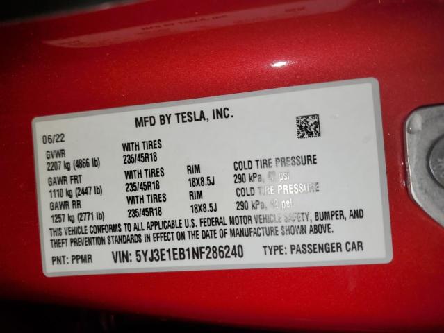 Photo 11 VIN: 5YJ3E1EB1NF286240 - TESLA MODEL 3 