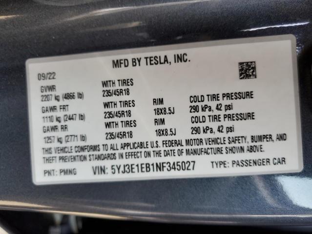 Photo 11 VIN: 5YJ3E1EB1NF345027 - TESLA MODEL 3 