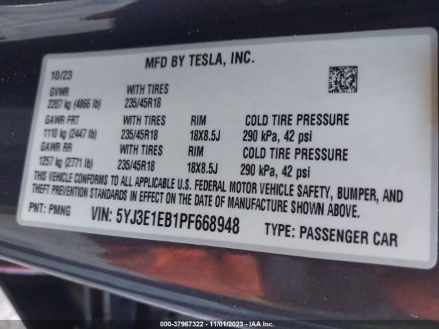 Photo 8 VIN: 5YJ3E1EB1PF668948 - TESLA MODEL 3 