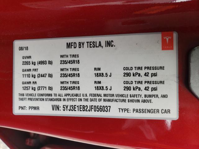 Photo 9 VIN: 5YJ3E1EB2JF056037 - TESLA MODEL 3 