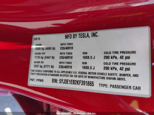 Photo 8 VIN: 5YJ3E1EB2KF391865 - TESLA MODEL 3 