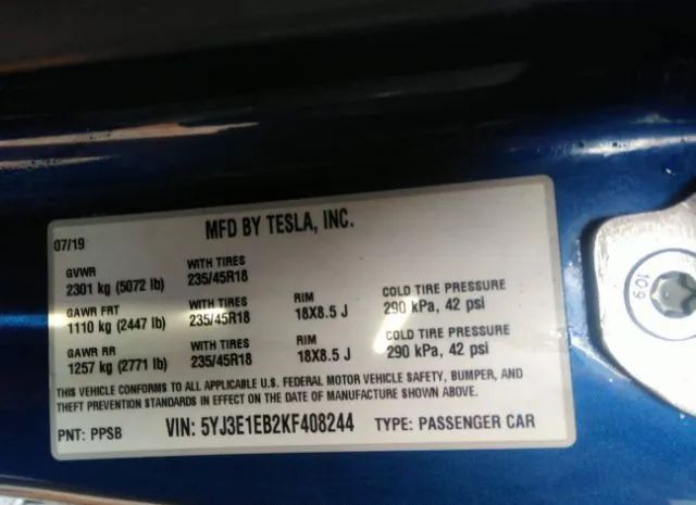 Photo 8 VIN: 5YJ3E1EB2KF408244 - TESLA MODEL 3 